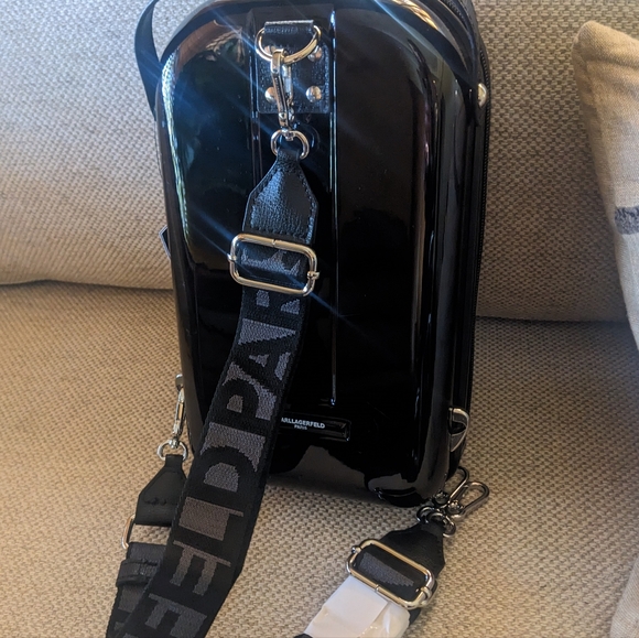 Karl Lagerfeld Paris Maybelle Hard Side Mini Suitcase Backpack in Glossy Black - Picture 12 of 16